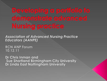  Define a professional portfolio and governance within the context of advanced practice  To consider critically useful types of evidence for portfolios.