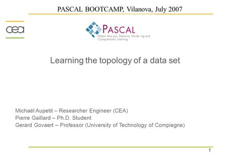 1 Learning the topology of a data set Michaël Aupetit – Researcher Engineer (CEA) Pierre Gaillard – Ph.D. Student Gerard Govaert – Professor (University.