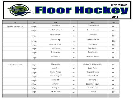 2011 Intramurals DateTimeHome AwayCourt Thursday, November 10th 6:00pm Down To Puck vs. Chicks With Sticks FH1 6:00pm Bro's Before Hossa's vs. Cheech+Strombo.