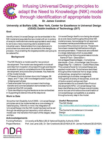 Acknowledgements Funding Partners:University at Buffalo (UB) & National Disability Authority (NDA Project Mentors:Prof. Joe Lane (UB), Dr. Ger Craddock(CEUD/NDA)