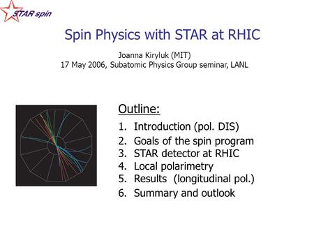 Outline: 1.Introduction (pol. DIS) 2.Goals of the spin program 3.STAR detector at RHIC 4.Local polarimetry 5.Results (longitudinal pol.) 6.Summary and.