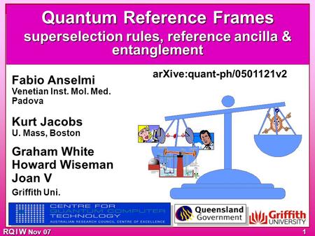 SSRs Work (purity) Ref & Asymmetry Entangle Trade off Etcetera RQ I W Nov 07 1 Fabio Anselmi Venetian Inst. Mol. Med. Padova Kurt Jacobs U. Mass, Boston.