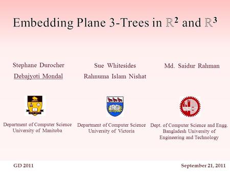 GD 2011September 21, 2011 Stephane Durocher Debajyoti Mondal Md. Saidur Rahman Sue Whitesides Rahnuma Islam Nishat Dept. of Computer Science and Engg.