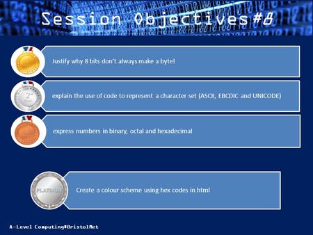 A-Level Computing#BristolMet Session Objectives#8 express numbers in binary, octal and hexadecimal explain the use of code to represent a character set.