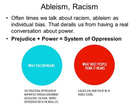 Ableism, Racism Often times we talk about racism, ableism as individual bias. That derails us from having a real conversation about power. Prejudice +