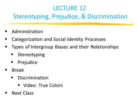 LECTURE 12 Stereotyping, Prejudice, & Discrimination  Administration  Categorization and Social Identity Processes  Types of Intergroup Biases and their.