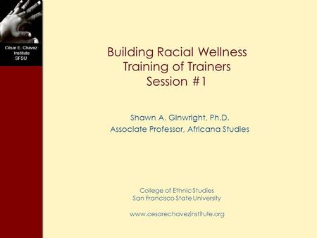 C ésar E. Chavez Institute SFSU Building Racial Wellness Training of Trainers Session #1 Shawn A. Ginwright, Ph.D. Associate Professor, Africana Studies.