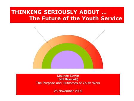 THINKING SERIOUSLY ABOUT … The Future of the Youth Service Maurice Devlin (NUI Maynooth) The Purpose and Outcomes of Youth Work 25 November 2009.