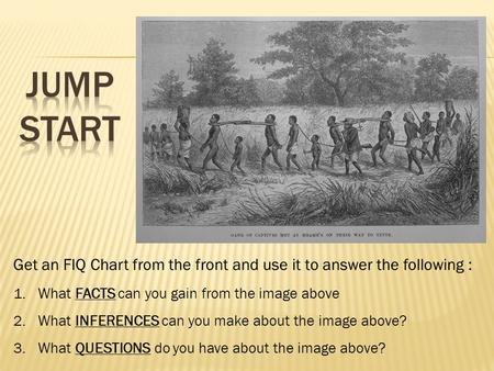 Get an FIQ Chart from the front and use it to answer the following : 1.What FACTS can you gain from the image above 2.What INFERENCES can you make about.