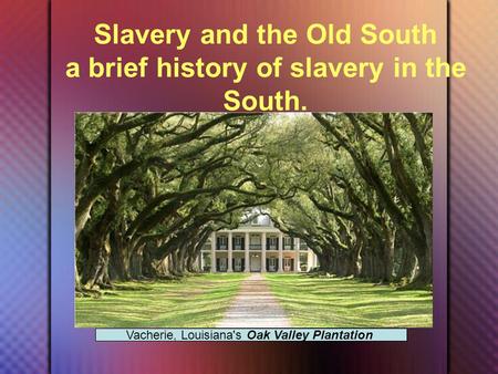 Slavery and the Old South a brief history of slavery in the South. Vacherie, Louisiana's Oak Valley Plantation.