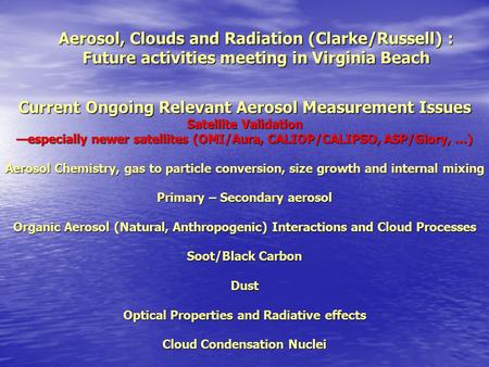 Current Ongoing Relevant Aerosol Measurement Issues Satellite Validation —especially newer satellites (OMI/Aura, CALIOP/CALIPSO, ASP/Glory, …) Aerosol.