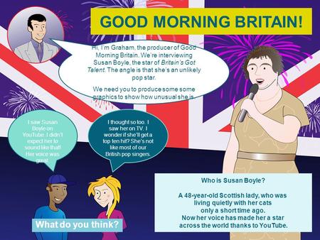 What do you think? GOOD MORNING BRITAIN! Hi, I’m Graham, the producer of Good Morning Britain. We’re interviewing Susan Boyle, the star of Britain’s Got.