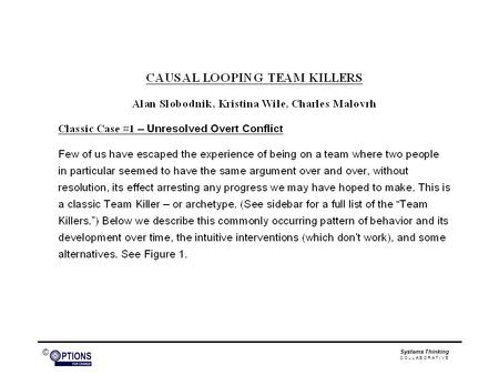 © Systems Thinking C O L L A B O R A T I V E. © Unresolved Overt Conflict Evolution of a Team Killer Stage 1 Opposing Ideas Stage 2 Escalating Conflict.