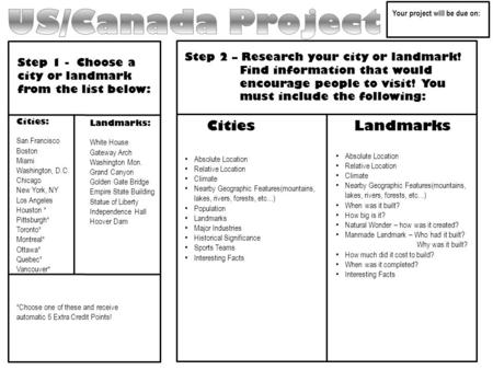 Step 1 - Choose a city or landmark from the list below: Step 2 – Research your city or landmark! Find information that would encourage people to visit!