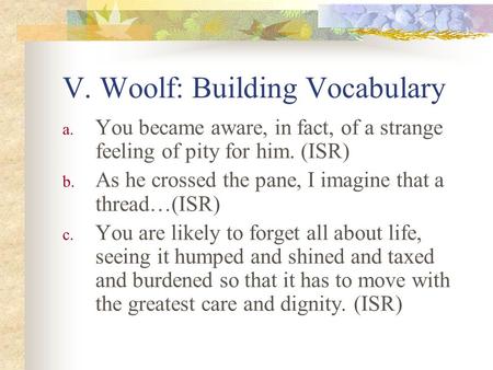 V. Woolf: Building Vocabulary a. You became aware, in fact, of a strange feeling of pity for him. (ISR) b. As he crossed the pane, I imagine that a thread…(ISR)