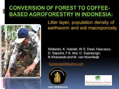 Widianto, K. Hairiah, W.S. Dewi, Hascaryo, D. Saputra, F.K. Aini, D. Suprayogo, N.Khasanah and M. van Noordwijk L Litter layer, population density of earthworm.