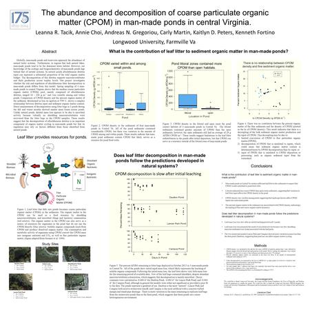 The abundance and decomposition of coarse particulate organic matter (CPOM) in man-made ponds in central Virginia. Leanna R. Tacik, Annie Choi, Andreas.