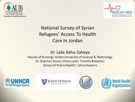 Faculty of Health Sciences Dr. Laila Akhu-Zaheya Faculty of Nursing/ Jordan University of Science & Technology Dr. Shannon Doocy; Emily Lyles; Timothy.