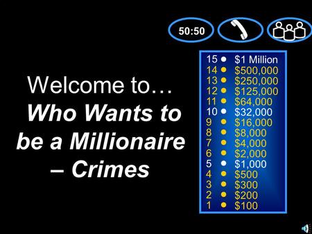 15 14 13 12 11 10 9 8 7 6 5 4 3 2 1 $1 Million $500,000 $250,000 $125,000 $64,000 $32,000 $16,000 $8,000 $4,000 $2,000 $1,000 $500 $300 $200 $100 Welcome.