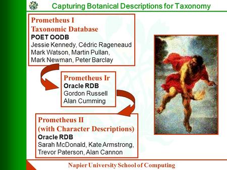 Napier University School of Computing Capturing Botanical Descriptions for Taxonomy Prometheus I Taxonomic Database POET OODB Jessie Kennedy, Cédric Rageneaud.