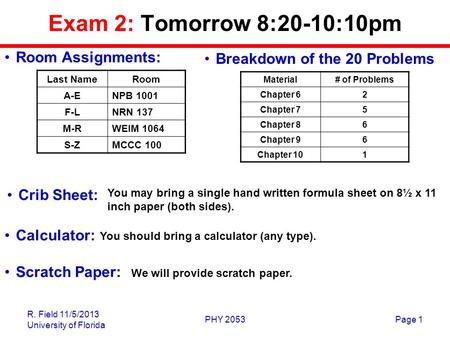 R. Field 11/5/2013 University of Florida PHY 2053Page 1 Exam 2: Tomorrow 8:20-10:10pm Last NameRoom A-ENPB 1001 F-LNRN 137 M-RWEIM 1064 S-ZMCCC 100 You.