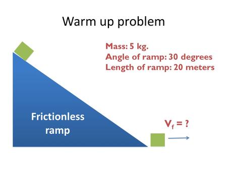 Warm up problem Frictionless ramp Mass: 5 kg. Angle of ramp: 30 degrees Length of ramp: 20 meters V f = ?