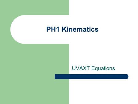 PH1 Kinematics UVAXT Equations. Vectors & Scalars Vectors e.g. displacement, velocity have a direction, and a magnitude, are a straight line. e.g. 3ms.