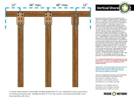 Evaluate area for vertical shore placement and determine length for header and sole. Header and sole will utilize 12” O.H. for outside vertical posts and.