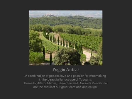 Poggio Antico A combination of people, love and passion for winemaking in the beautiful landscape of Tuscany. Brunello, Altero, Madre, Lemartine and Rosso.