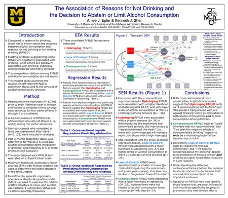 The Association of Reasons for Not Drinking and the Decision to Abstain or Limit Alcohol Consumption Amee J. Epler & Kenneth J. Sher University of Missouri-Columbia.