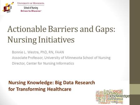 Actionable Barriers and Gaps: Nursing Initiatives Bonnie L. Westra, PhD, RN, FAAN Associate Professor, University of Minnesota School of Nursing Director,