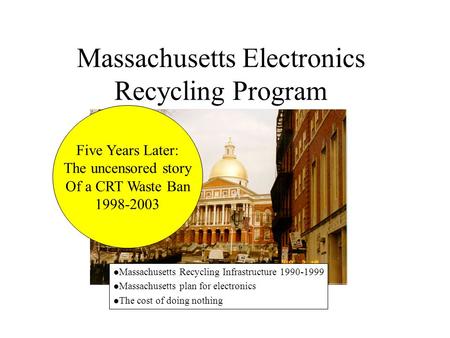 Massachusetts Electronics Recycling Program l Massachusetts Recycling Infrastructure 1990-1999 l Massachusetts plan for electronics l The cost of doing.