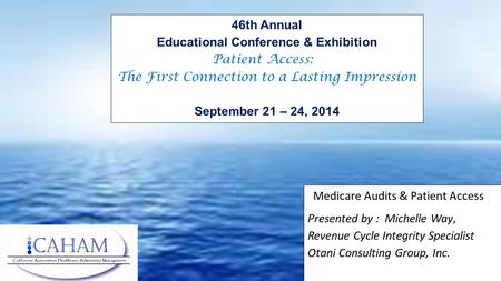 Medicare Audits & Patient Access Presented by : Michelle Way, Revenue Cycle Integrity Specialist Otani Consulting Group, Inc. 46th Annual Educational Conference.