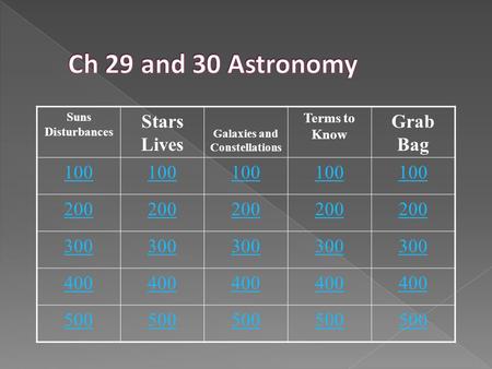 Suns Disturbances Stars Lives Galaxies and Constellations Terms to Know Grab Bag 100 200 300 400 500.