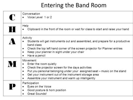 Entering the Band Room C Conversation  Voice Level 1 or 2 H Help  Clipboard in the front of the room or wait for class to start and raise your hand A.