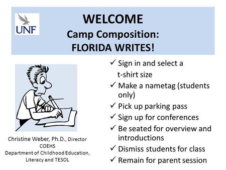 WELCOME Camp Composition: FLORIDA WRITES! Sign in and select a t-shirt size Make a nametag (students only) Pick up parking pass Sign up for conferences.