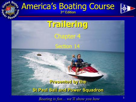 Boating is fun… we’ll show you how America’s Boating Course 3 rd Edition 1Trailering Chapter 4 Section 14 Presented by the St Paul Sail and Power Squadron.