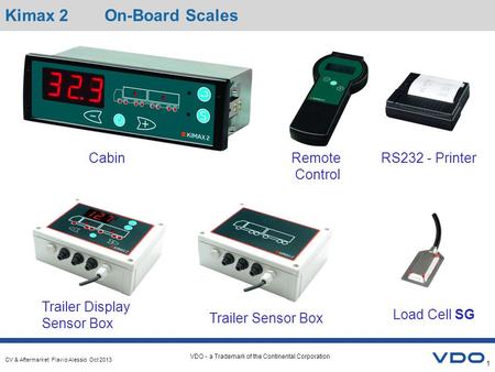 CV & Aftermarket Flavio Alessio Oct 2013 VDO - a Trademark of the Continental Corporation Cabin Trailer Display Sensor Box Trailer Sensor Box Remote Control.