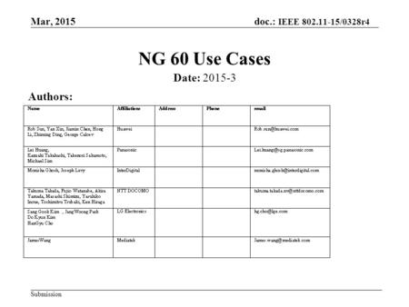 Mar, 2015 doc.: IEEE 802.11-15/0328r4 Submission NG 60 Use Cases Date: 2015-3 Authors: