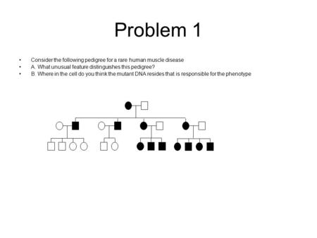 Problem 1 Consider the following pedigree for a rare human muscle disease A. What unusual feature distinguishes this pedigree? B. Where in the cell do.