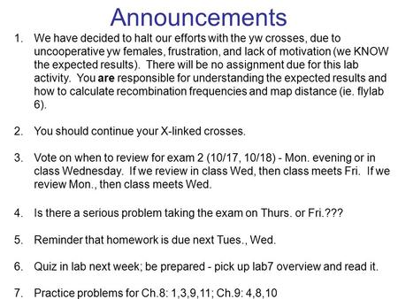 Announcements We have decided to halt our efforts with the yw crosses, due to uncooperative yw females, frustration, and lack of motivation (we KNOW the.