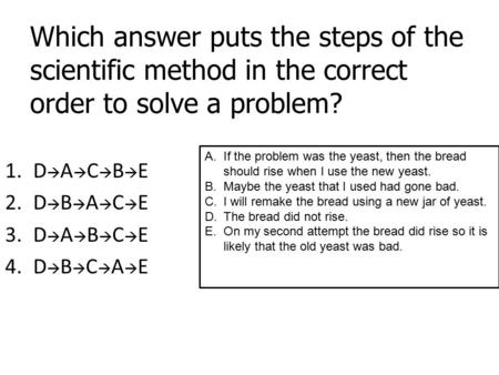 Which answer puts the steps of the scientific method in the correct order to solve a problem? If the problem was the yeast, then the bread should rise.