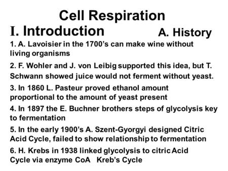 1. A. Lavoisier in the 1700’s can make wine without living organisms 2. F. Wohler and J. von Leibig supported this idea, but T. Schwann showed juice would.