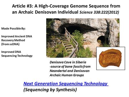 Article #3: A High-Coverage Genome Sequence from an Archaic Denisovan Individual Science 338:222(2012) Denisova Cave in Siberia -source of bone fossils.