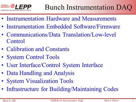 Mark A. Palmer March 9, 2005 CESR Bunch Instrumentation DAQ1 Bunch Instrumentation DAQ Instrumentation Hardware and Measurements Instrumentation Embedded.