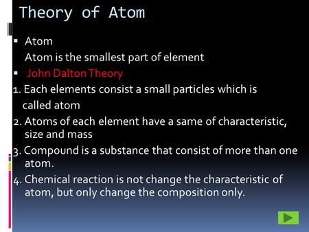 Theory of Atom  Atom Atom is the smallest part of element  John Dalton Theory 1. Each elements consist a small particles which is called atom 2. Atoms.