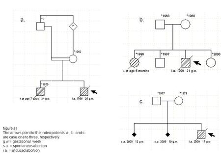 A.b. c. figure s1 The arrows point to the index patients. a., b. and c. are case one to three, respectively. g.w.= gestational week s.a. = spontaneos abortion.