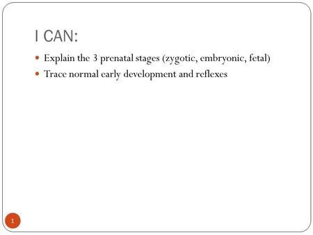 I CAN: Explain the 3 prenatal stages (zygotic, embryonic, fetal)