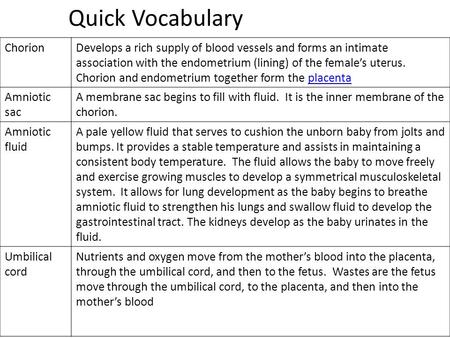 ChorionDevelops a rich supply of blood vessels and forms an intimate association with the endometrium (lining) of the female’s uterus. Chorion and endometrium.