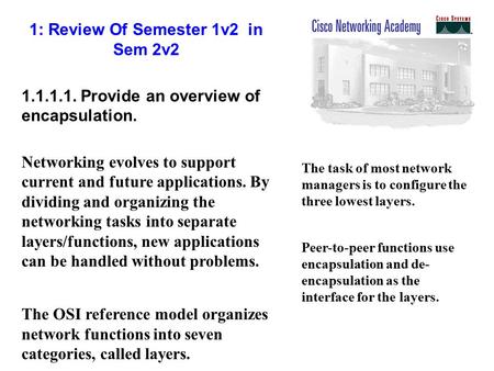 1: Review Of Semester 1v2 in Sem 2v2 1.1.1.1. Provide an overview of encapsulation. Networking evolves to support current and future applications. By dividing.